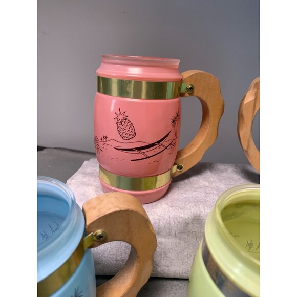 Vintage Siesta Ware Frosted Tiki Mugs With Wood & Brass Handles - 5 Rainbow Colo - Picture 5 of 13
